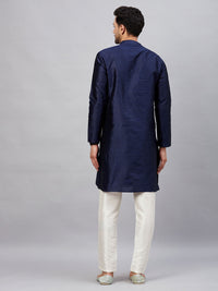 Thumbnail for VM by Vastramay Men's Navy Blue And Cream Silk Blend Kurta Pyjama Set - Distacart