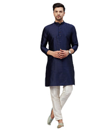 Thumbnail for VM by Vastramay Men's Navy Blue And Cream Silk Blend Kurta Pyjama Set - Distacart