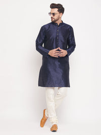Thumbnail for VM by Vastramay Men's Navy Blue And Cream Silk Blend Kurta Pyjama Set - Distacart