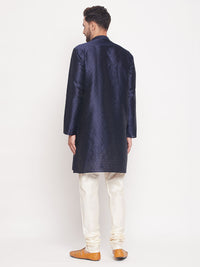 Thumbnail for VM by Vastramay Men's Navy Blue And Cream Silk Blend Kurta Pyjama Set - Distacart