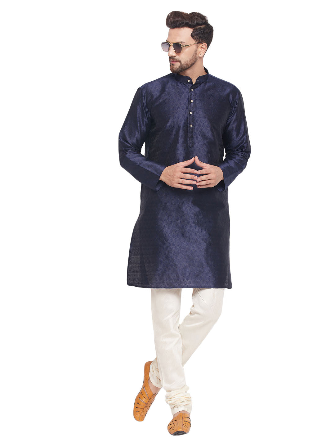 VM by Vastramay Men's Navy Blue And Cream Silk Blend Kurta Pyjama Set - Distacart