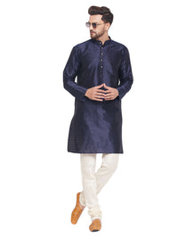 Thumbnail for VM by Vastramay Men's Navy Blue And Cream Silk Blend Kurta Pyjama Set - Distacart