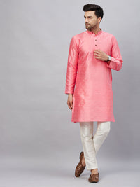 Thumbnail for VM by Vastramay Men's Pink And Cream Silk Blend Kurta Pyjama Set - Distacart