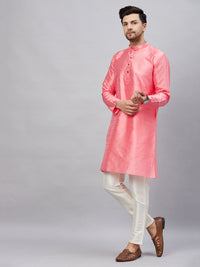Thumbnail for VM by Vastramay Men's Pink And Cream Silk Blend Kurta Pyjama Set - Distacart