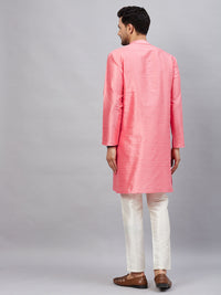 Thumbnail for VM by Vastramay Men's Pink And Cream Silk Blend Kurta Pyjama Set - Distacart
