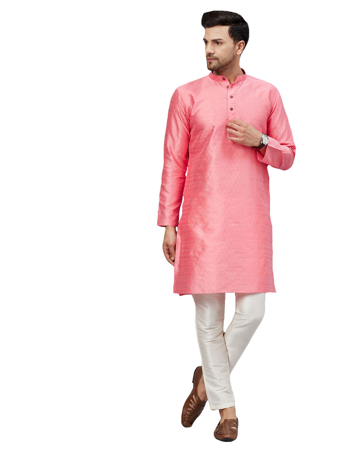 VM by Vastramay Men's Pink And Cream Silk Blend Kurta Pyjama Set - Distacart