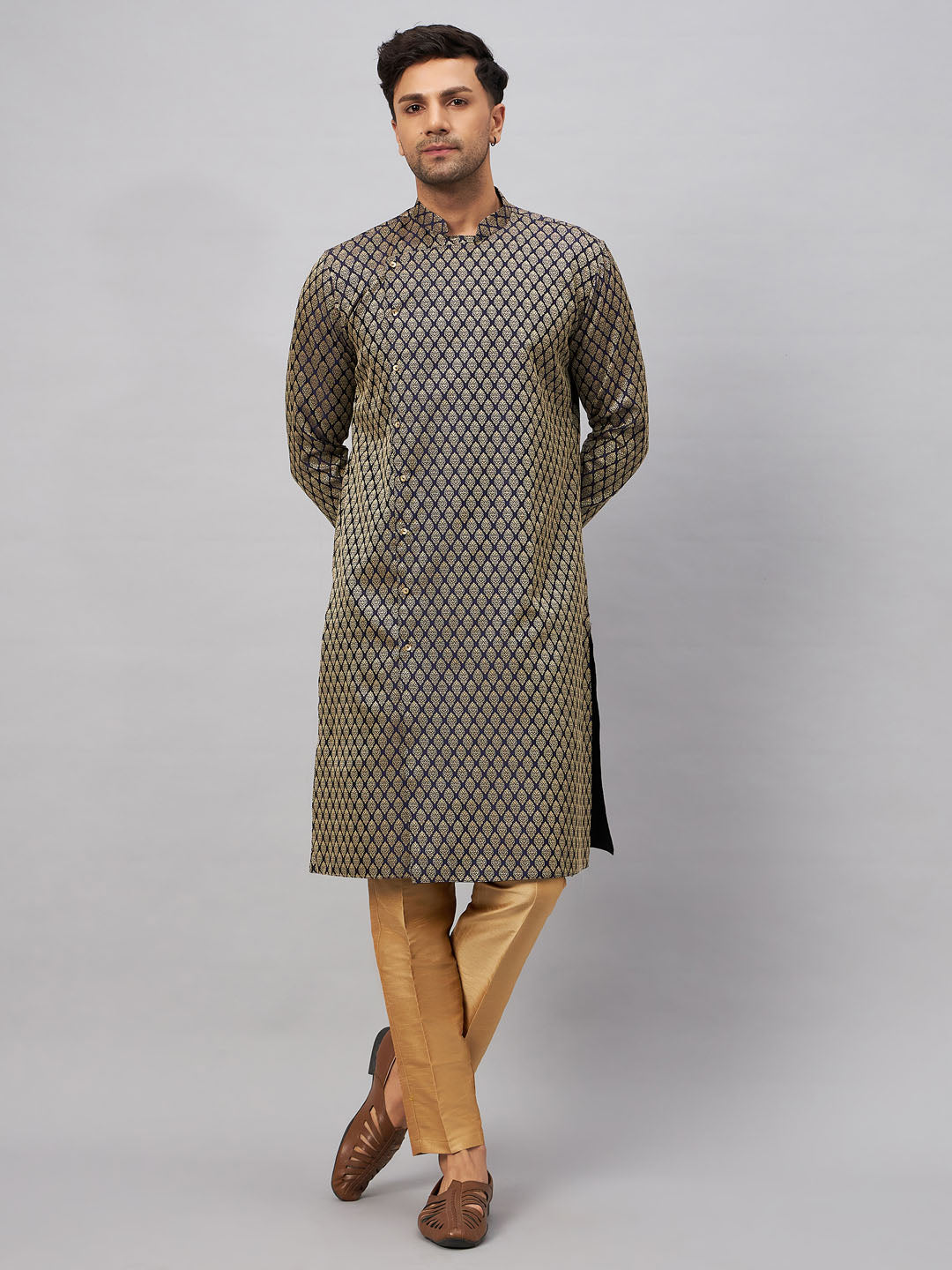 VM by Vastramay Men's Blue And Rose Gold Silk Blend Kurta Pyjama Set - Distacart