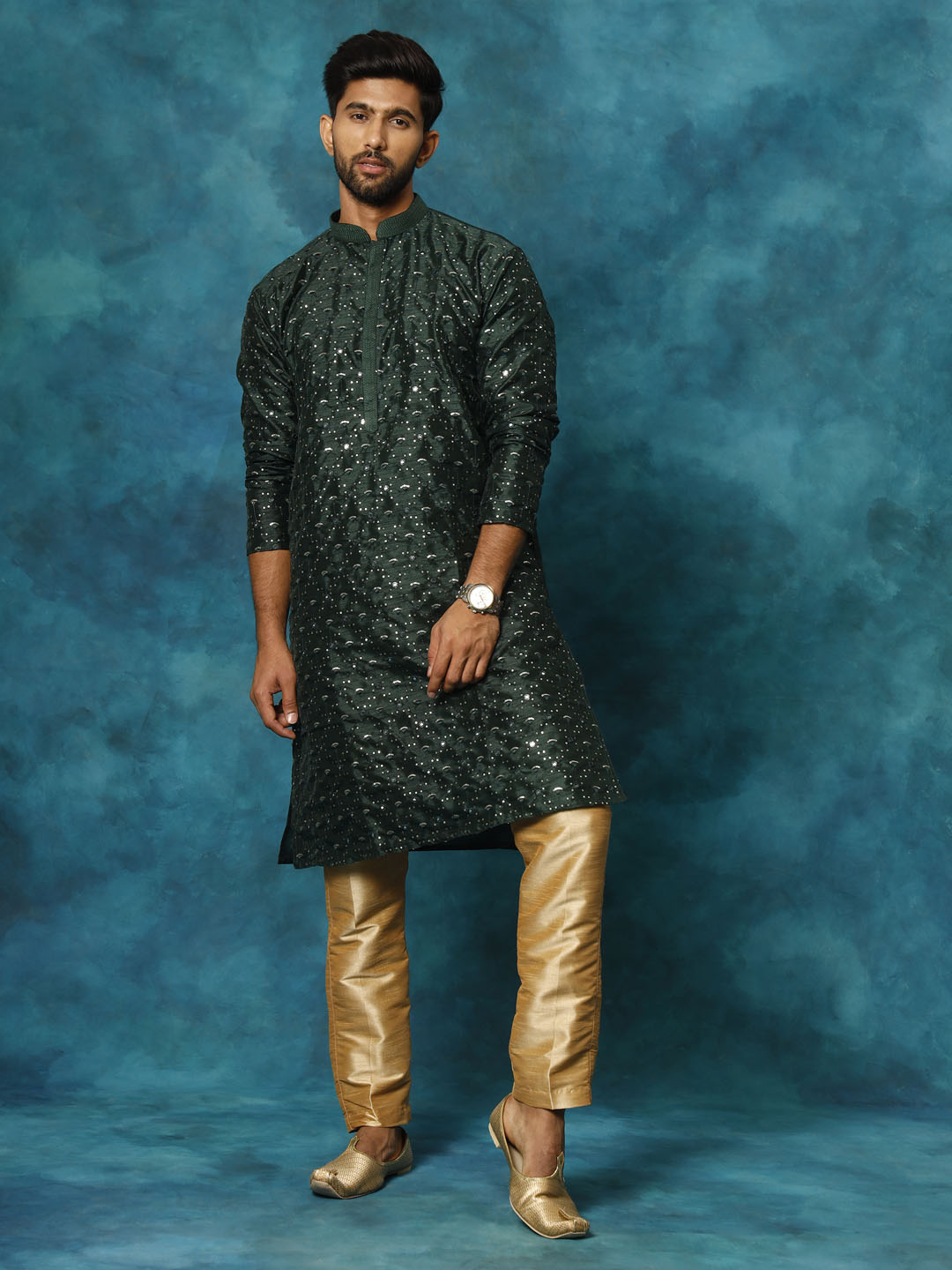 VM by Vastramay Men's Green And Rose Gold Silk Blend Kurta Pyjama Set - Distacart