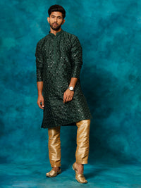 Thumbnail for VM by Vastramay Men's Green And Rose Gold Silk Blend Kurta Pyjama Set - Distacart
