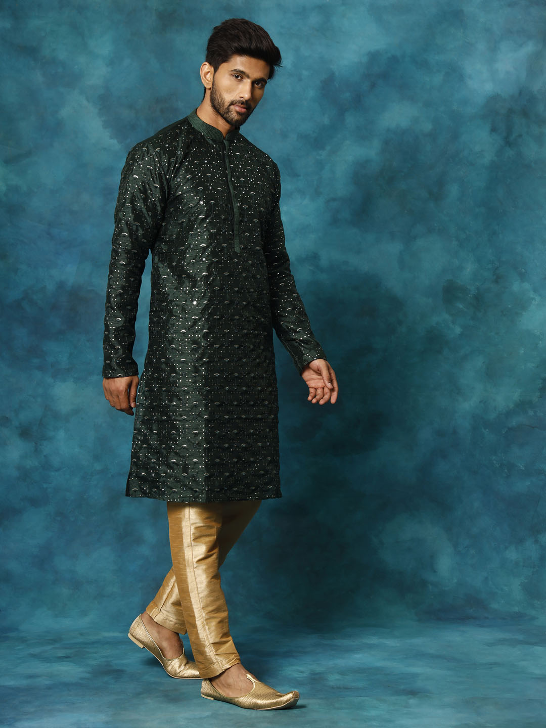 VM by Vastramay Men's Green And Rose Gold Silk Blend Kurta Pyjama Set - Distacart