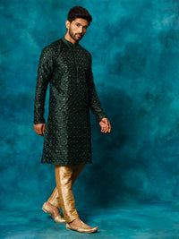 Thumbnail for VM by Vastramay Men's Green And Rose Gold Silk Blend Kurta Pyjama Set - Distacart