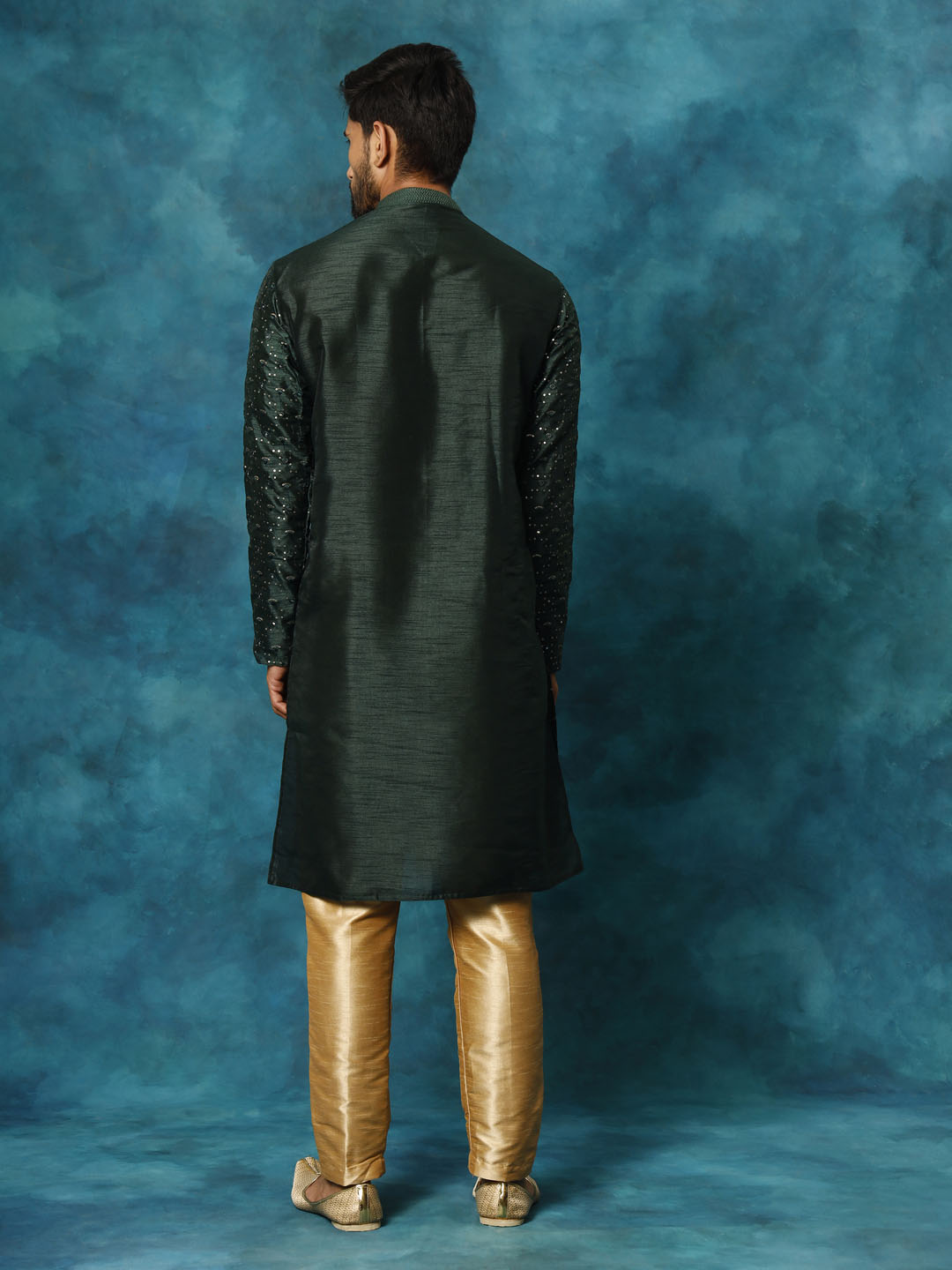 VM by Vastramay Men's Green And Rose Gold Silk Blend Kurta Pyjama Set - Distacart