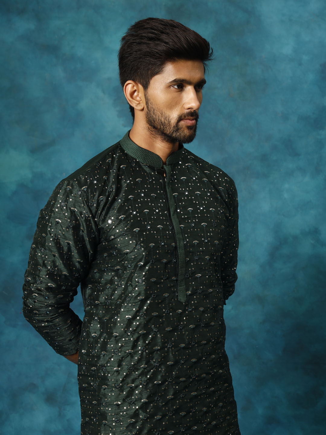 VM by Vastramay Men's Green And Rose Gold Silk Blend Kurta Pyjama Set - Distacart