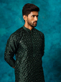 Thumbnail for VM by Vastramay Men's Green And Rose Gold Silk Blend Kurta Pyjama Set - Distacart
