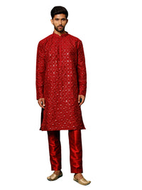 Thumbnail for VM by Vastramay Men's Maroon Silk Blend Kurta Pyjama Set - Distacart