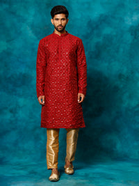Thumbnail for VM by Vastramay Men's Maroon Silk Blend Kurta Pyjama Set - Distacart