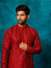 Thumbnail for VM by Vastramay Men's Maroon Silk Blend Kurta Pyjama Set - Distacart