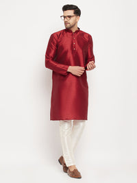 Thumbnail for VM by Vastramay Men's Maroon And Cream Silk Blend Kurta Pyjama Set - Distacart