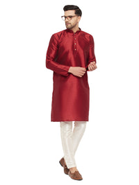 Thumbnail for VM by Vastramay Men's Maroon And Cream Silk Blend Kurta Pyjama Set - Distacart