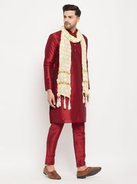 Thumbnail for VM by Vastramay Men's Maroon Silk Blend Kurta, Pyjama & Dupatta Set - Distacart