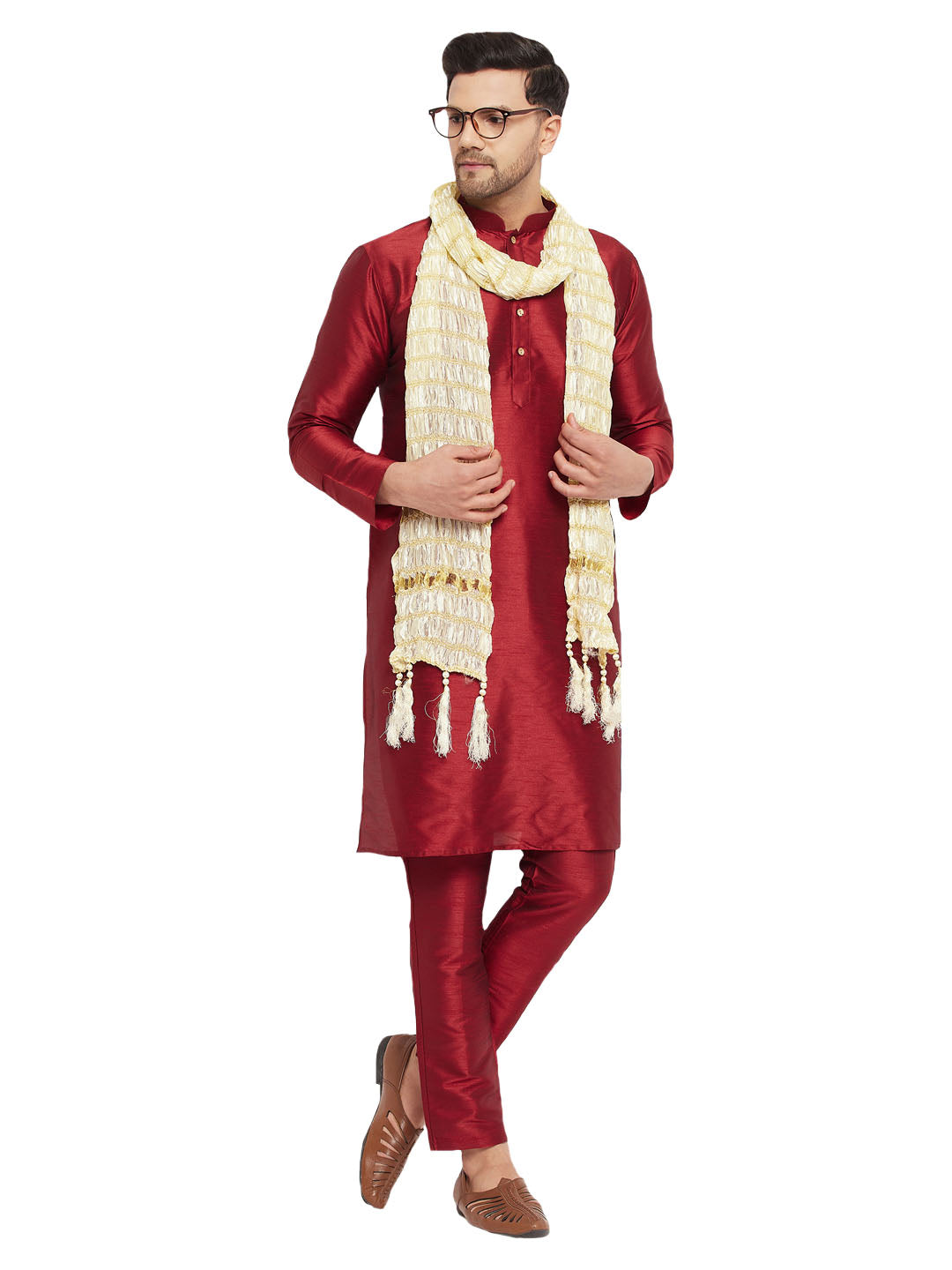 VM by Vastramay Men's Maroon Silk Blend Kurta, Pyjama & Dupatta Set - Distacart