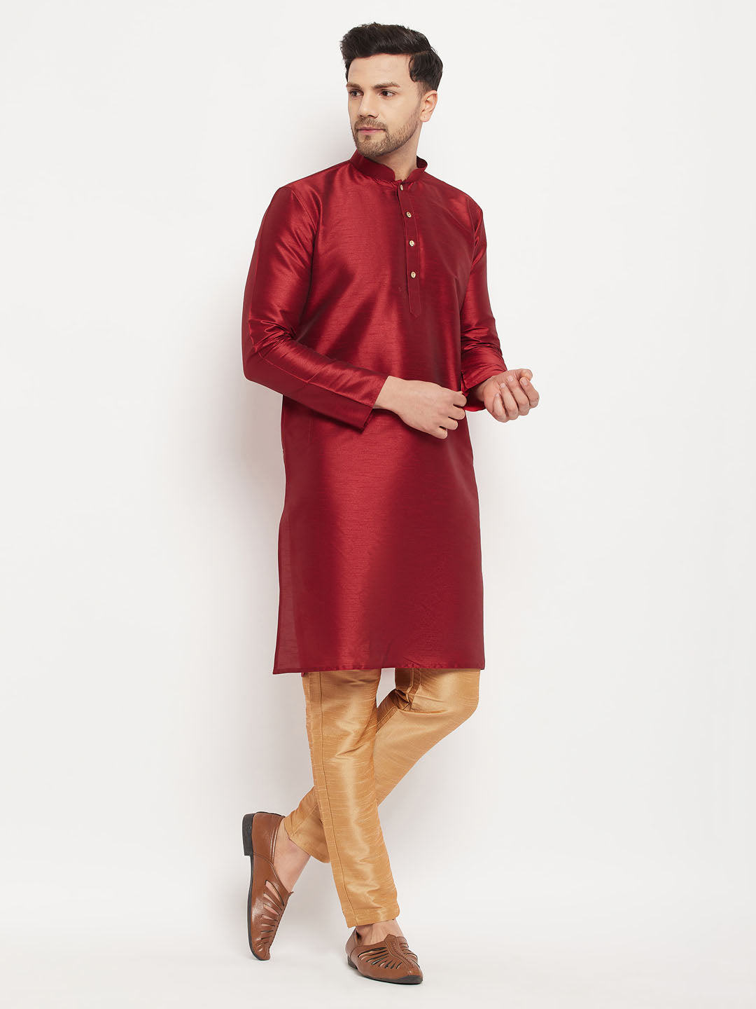 VM by Vastramay Men's Maroon And Rose Gold Silk Blend Kurta Pyjama Set - Distacart