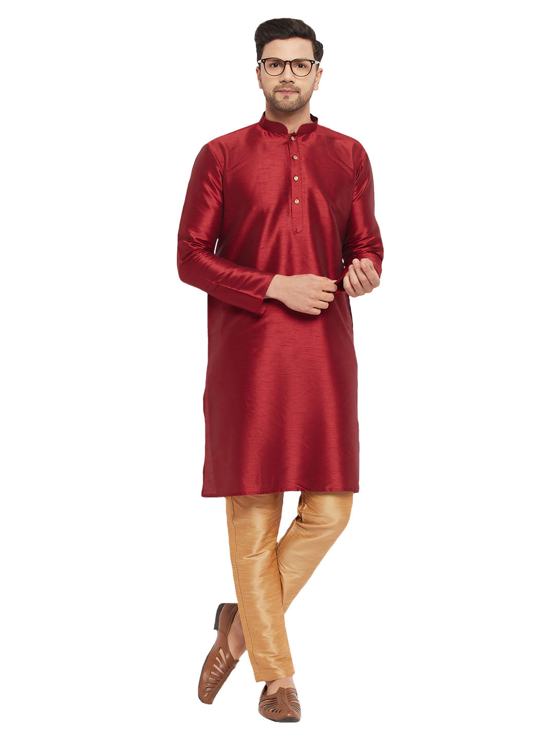 VM by Vastramay Men's Maroon And Rose Gold Silk Blend Kurta Pyjama Set - Distacart