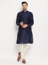Thumbnail for VM by Vastramay Men's Navy Blue And Cream Silk Blend Kurta Pyjama Set - Distacart