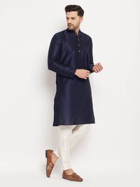 Thumbnail for VM by Vastramay Men's Navy Blue And Cream Silk Blend Kurta Pyjama Set - Distacart