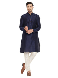 Thumbnail for VM by Vastramay Men's Navy Blue And Cream Silk Blend Kurta Pyjama Set - Distacart