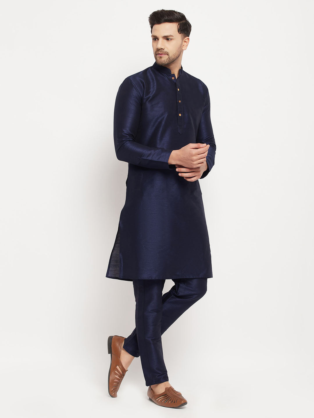 VM by Vastramay Men's Navy Blue Silk Blend Kurta Pyjama Set - Distacart