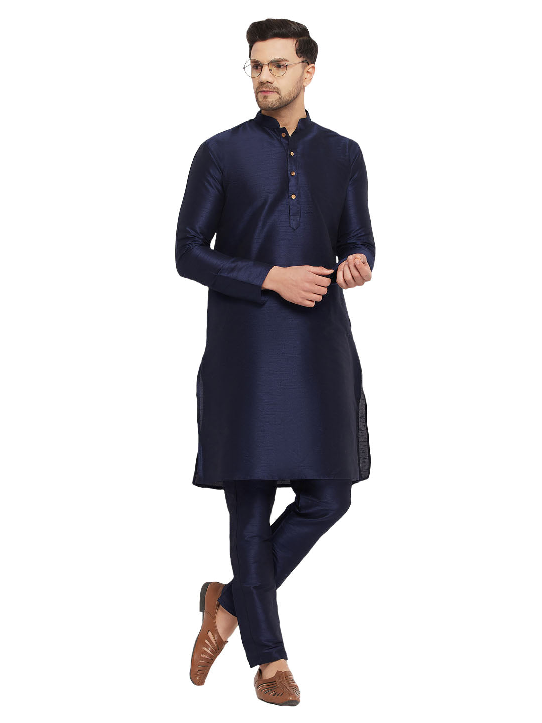 VM by Vastramay Men's Navy Blue Silk Blend Kurta Pyjama Set - Distacart