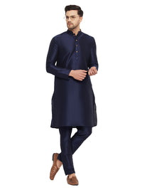 Thumbnail for VM by Vastramay Men's Navy Blue Silk Blend Kurta Pyjama Set - Distacart
