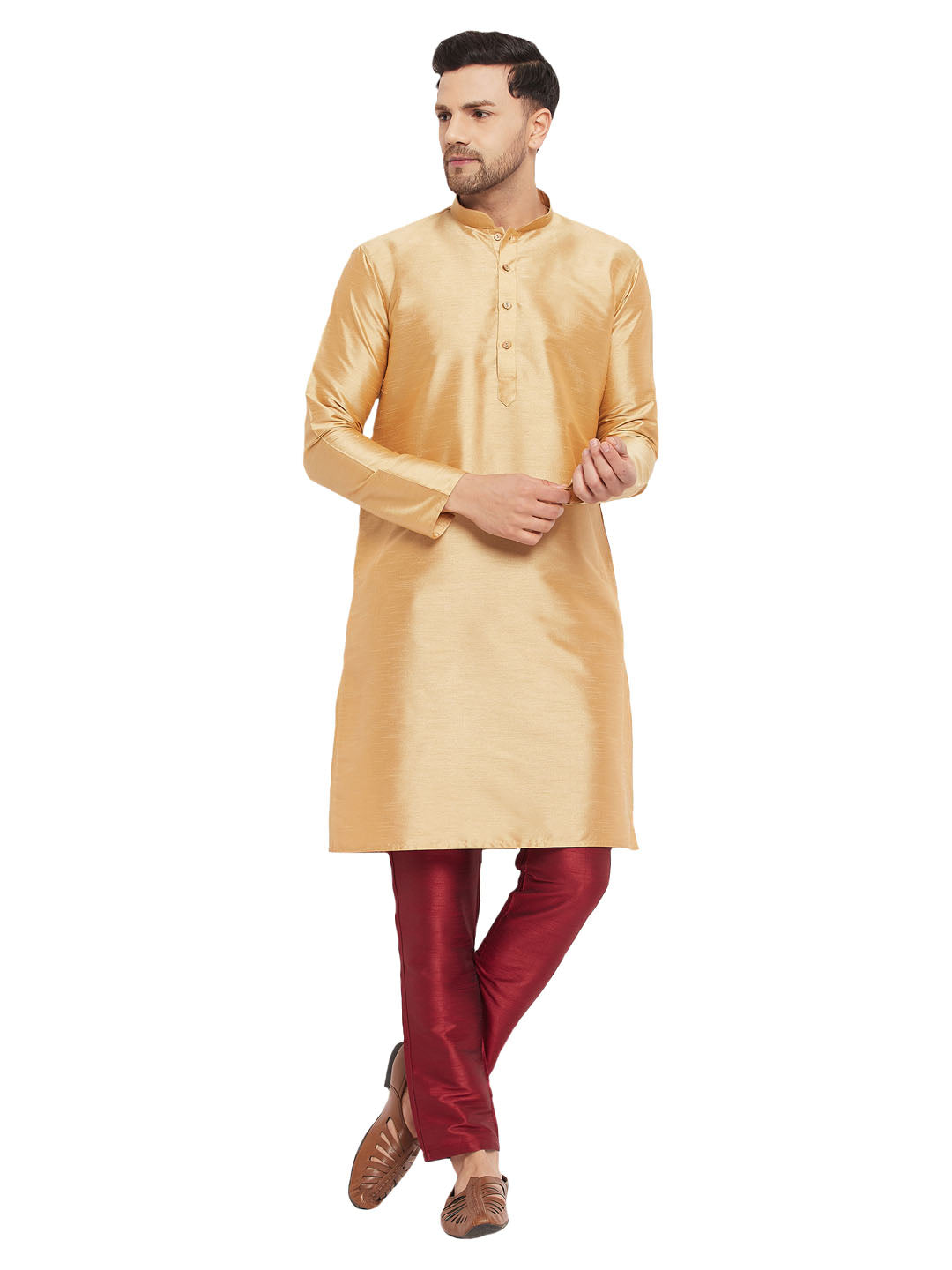 VM by Vastramay Men's Rose Gold And Maroon Silk Blend Kurta Pyjama Set - Distacart