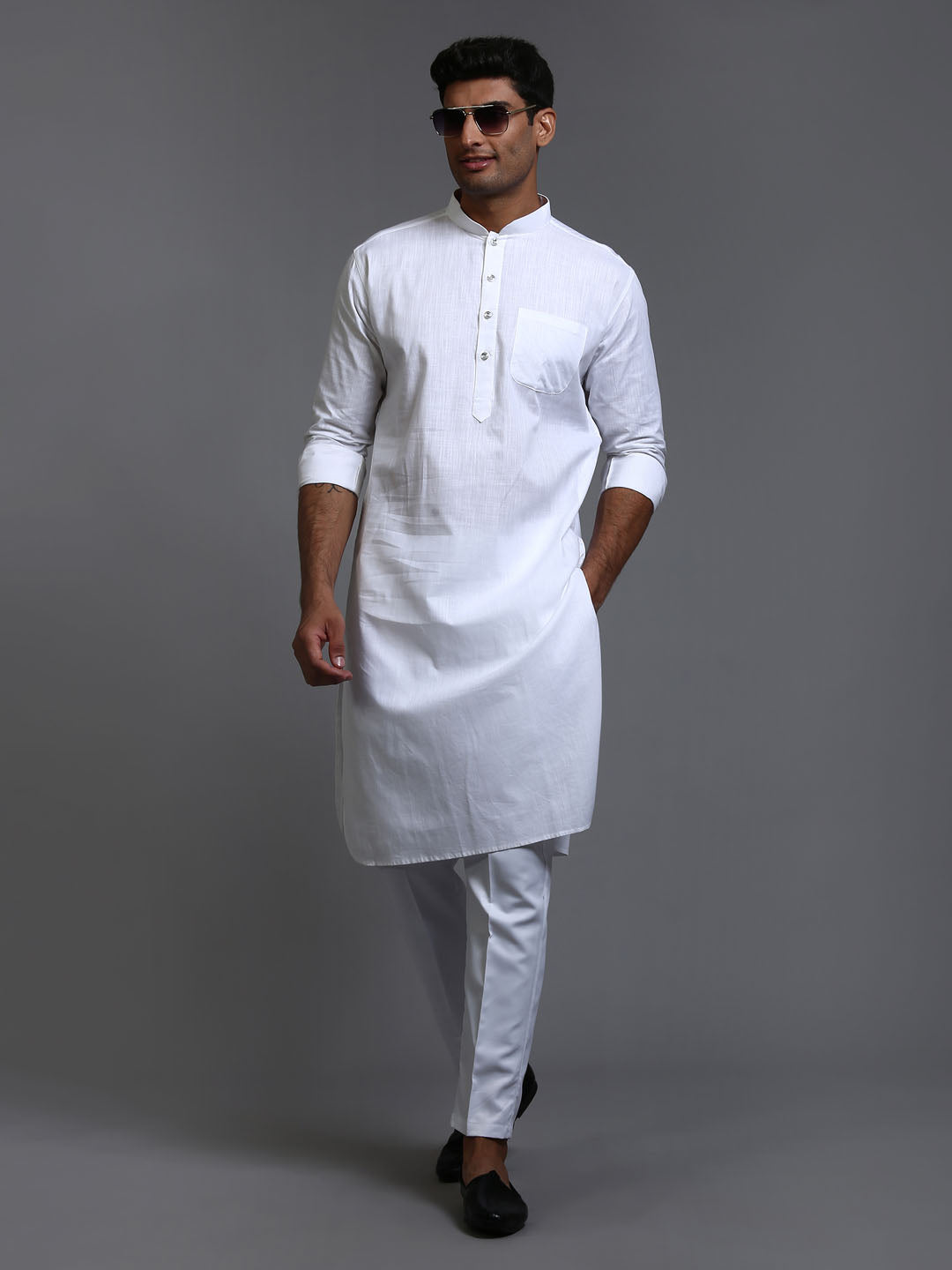 VM by Vastramay Men's White Cotton Blend Kurta Pyjama Set - Distacart