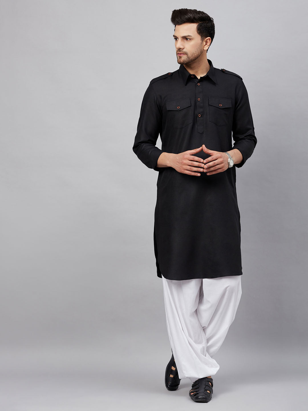 VM by Vastramay Men's Black And White Cotton Blend Kurta And Patiala Set - Distacart