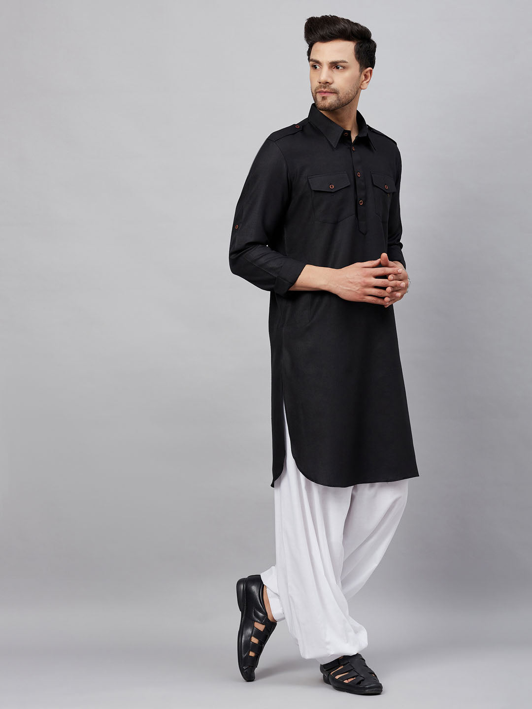 VM by Vastramay Men's Black And White Cotton Blend Kurta And Patiala Set - Distacart