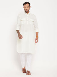 Thumbnail for VM by Vastramay Men's Cream And White Cotton Blend Kurta Pyjama Set - Distacart
