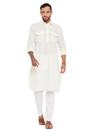 Thumbnail for VM by Vastramay Men's Cream And White Cotton Blend Kurta Pyjama Set - Distacart
