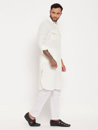 Thumbnail for VM by Vastramay Men's Cream And White Cotton Blend Kurta Pyjama Set - Distacart