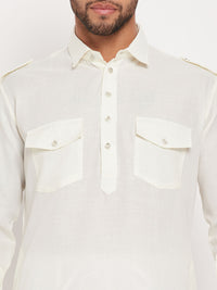 Thumbnail for VM by Vastramay Men's Cream And White Cotton Blend Kurta Pyjama Set - Distacart