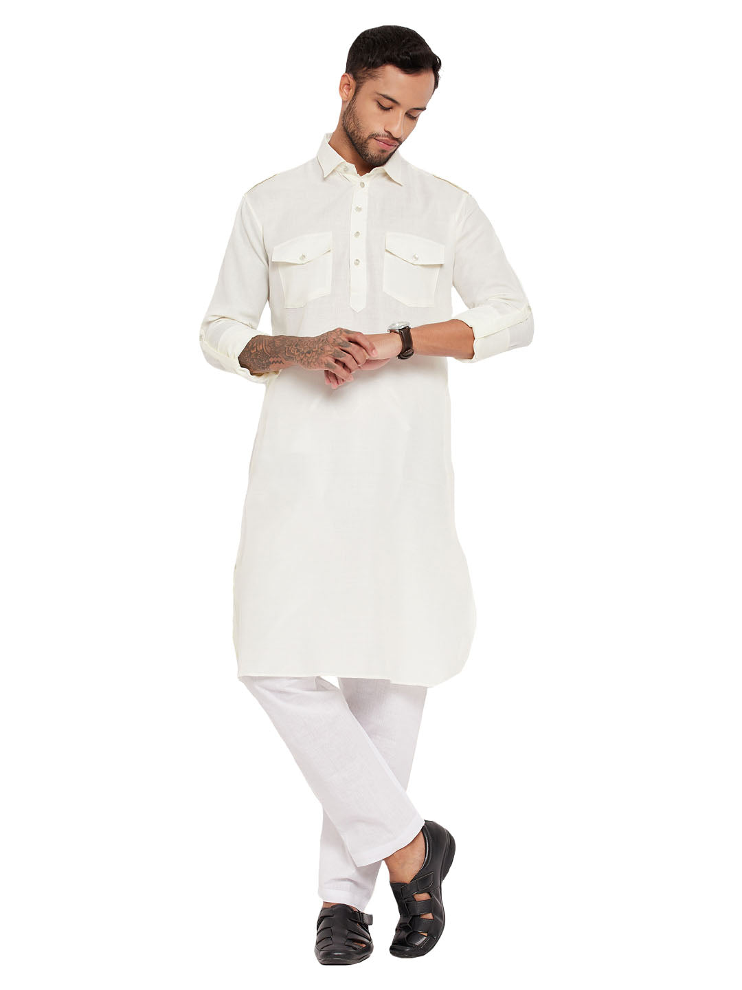 VM by Vastramay Men's Cream And White Cotton Blend Kurta Pyjama Set - Distacart