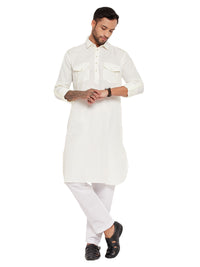Thumbnail for VM by Vastramay Men's Cream And White Cotton Blend Kurta Pyjama Set - Distacart