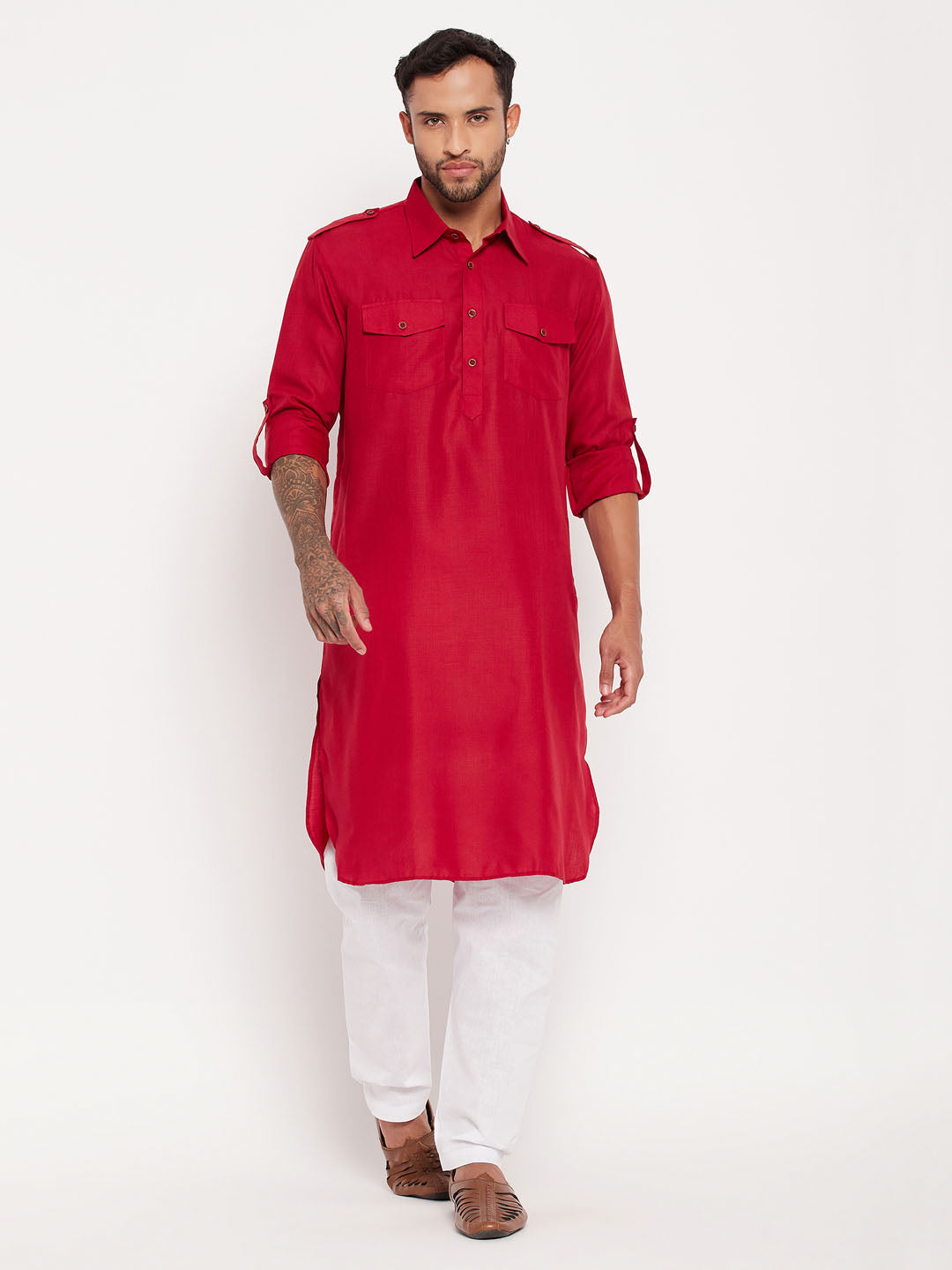 VM by Vastramay Men's Maroon And White Cotton Blend Kurta Pyjama Set - Distacart