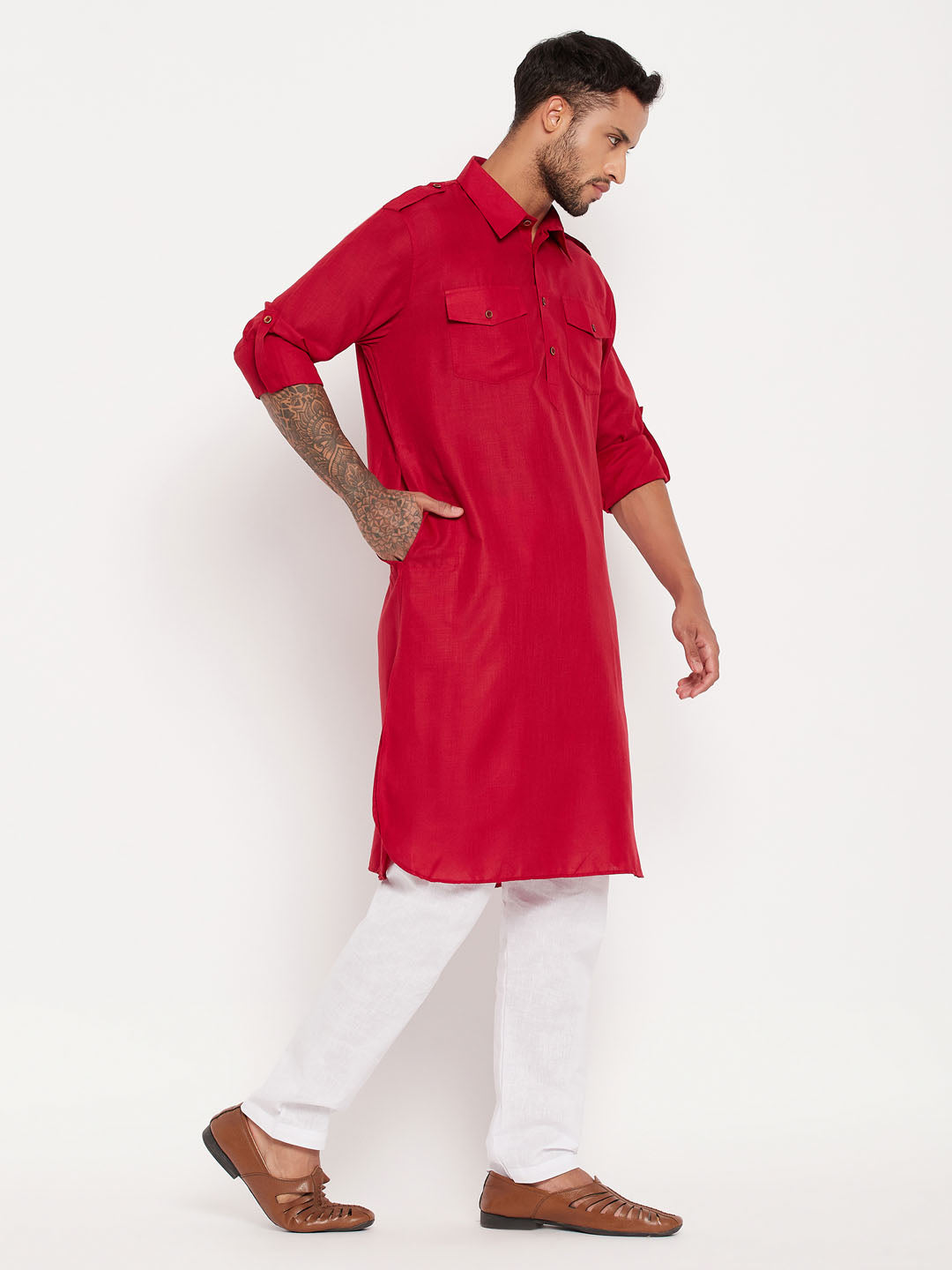 VM by Vastramay Men's Maroon And White Cotton Blend Kurta Pyjama Set - Distacart