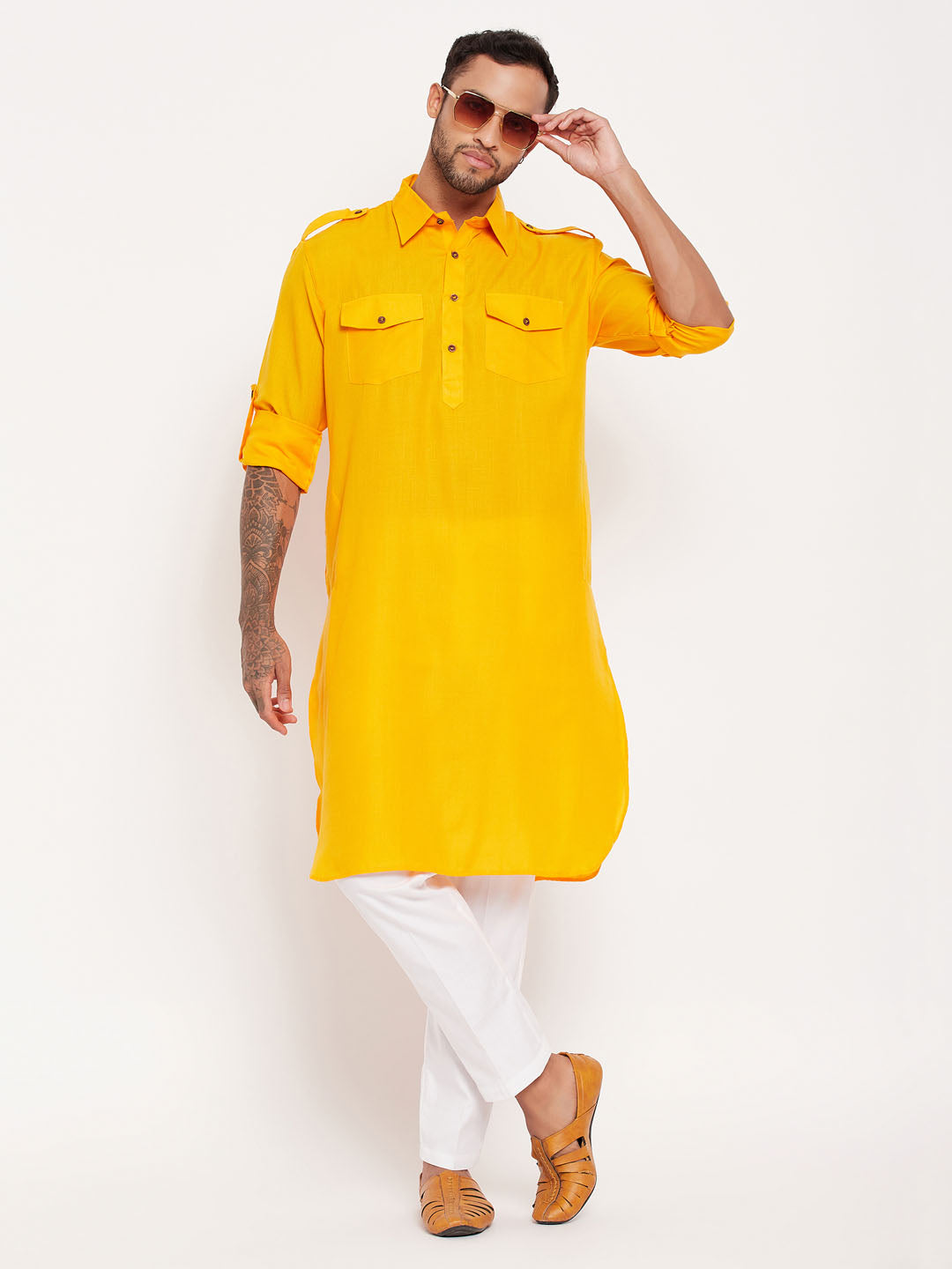 VM by Vastramay Men's Mustard And White Cotton Blend Kurta Pyjama Set - Distacart