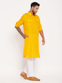 Thumbnail for VM by Vastramay Men's Mustard And White Cotton Blend Kurta Pyjama Set - Distacart