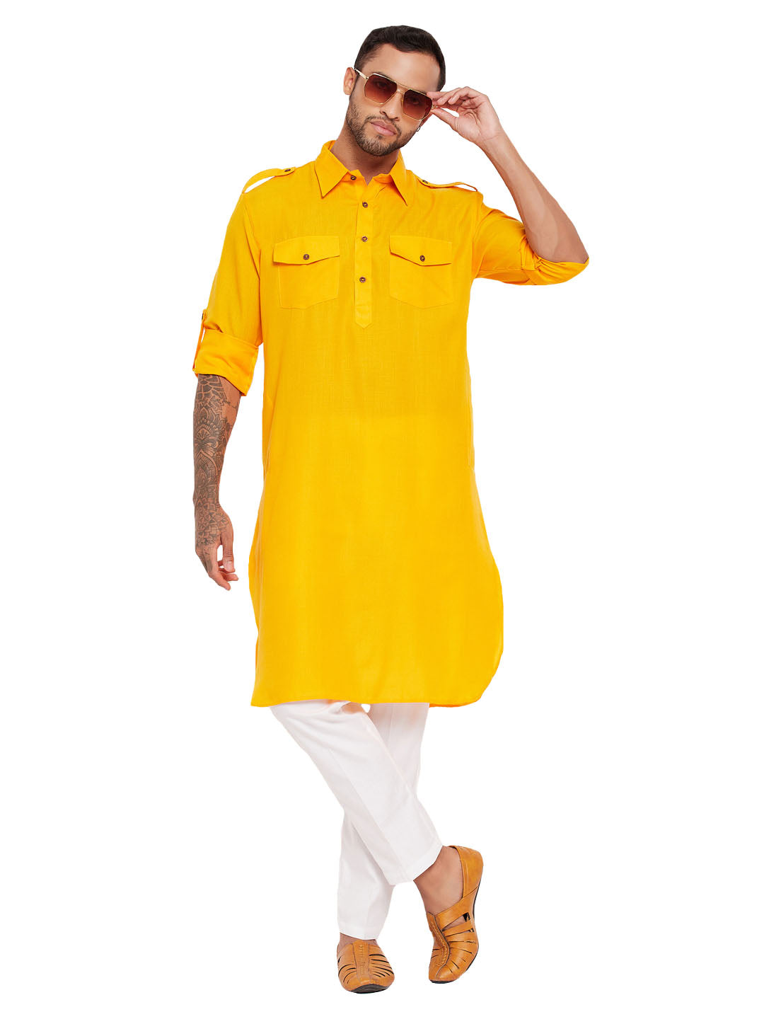 VM by Vastramay Men's Mustard And White Cotton Blend Kurta Pyjama Set - Distacart