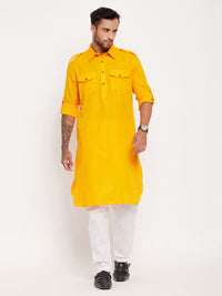 Thumbnail for VM by Vastramay Men's Mustard And White Cotton Blend Kurta Pyjama Set - Distacart