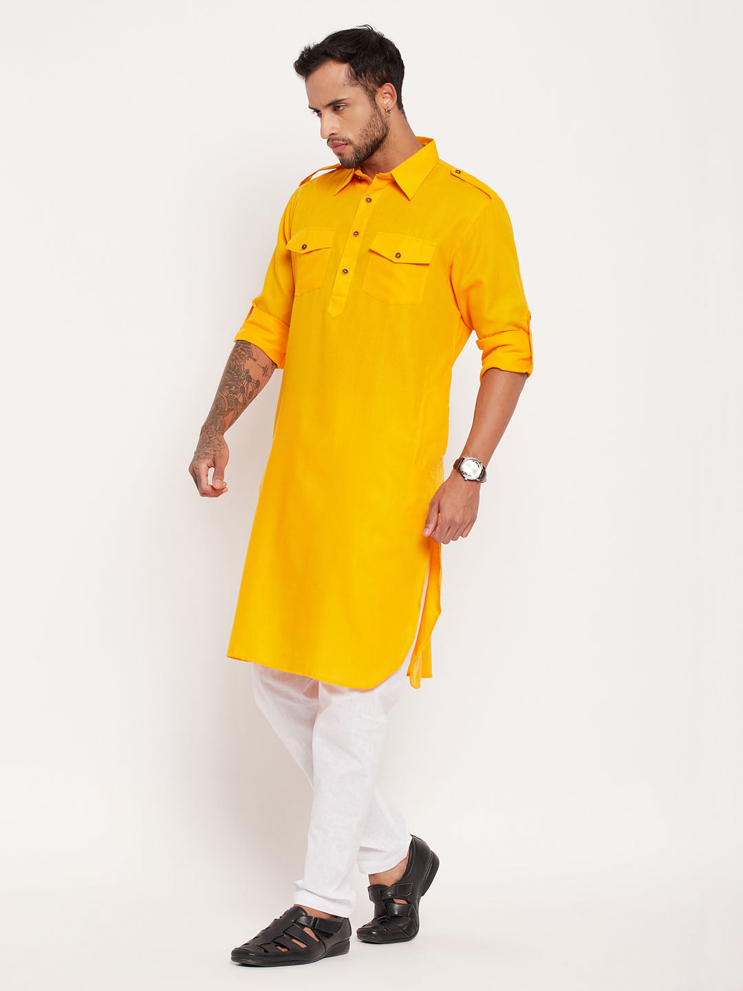 VM by Vastramay Men's Mustard And White Cotton Blend Kurta Pyjama Set - Distacart